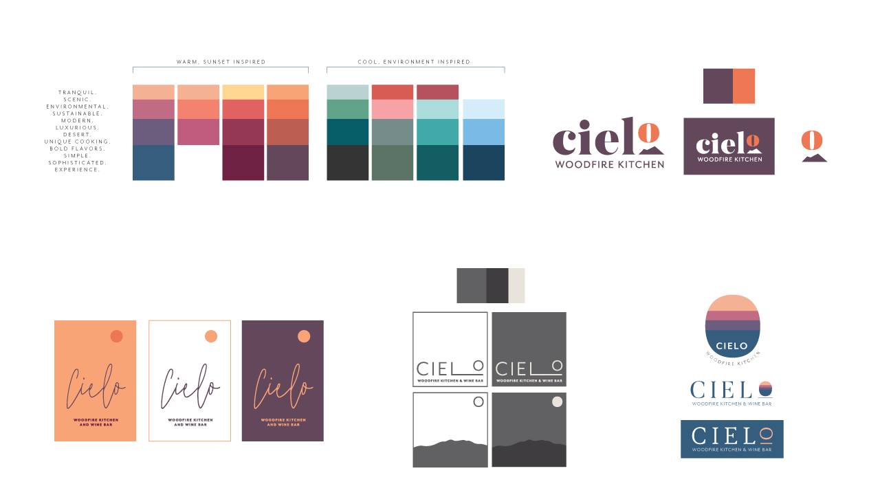 Various logo concepts and color palettes.